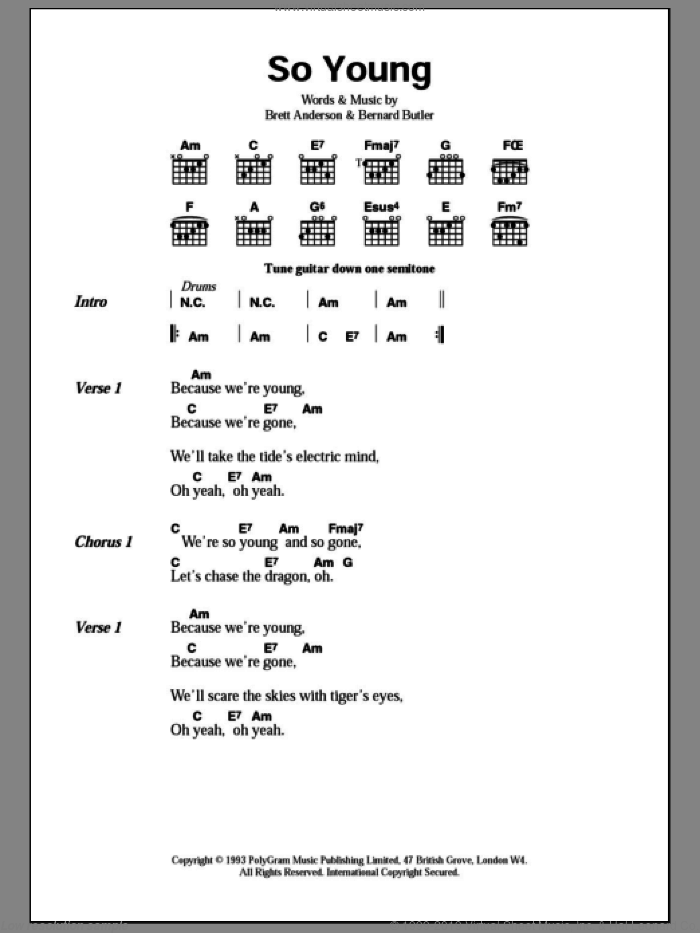 So Young sheet music for guitar (chords) by Suede, Bernard Butler and Brett Anderson, intermediate skill level