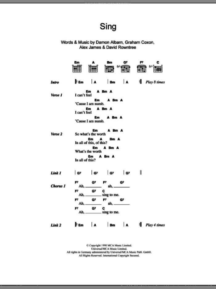 Sing sheet music for guitar (chords) by Blur, Alex James, Damon Albarn, David Rowntree and Graham Coxon, intermediate skill level