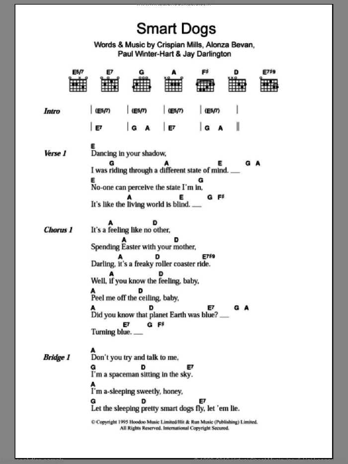 Smart Dogs sheet music for guitar (chords) by Kula Shaker, Alonza Bevan, Crispian Mills, Jay Darlington and Paul Winter-Hart, intermediate skill level