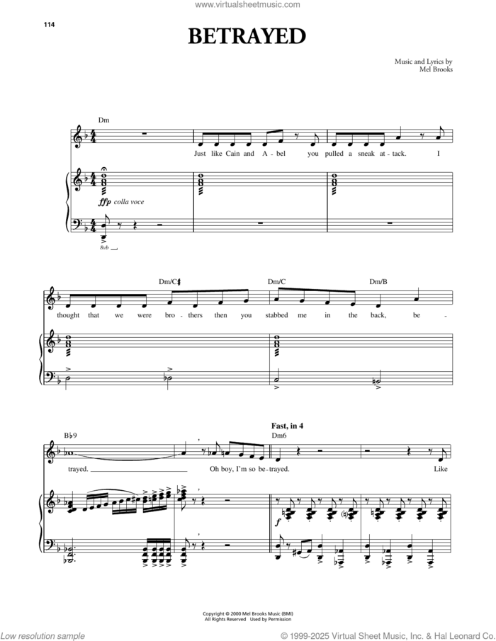 Betrayed (from The Producers) sheet music for voice and piano by Mel Brooks, intermediate skill level
