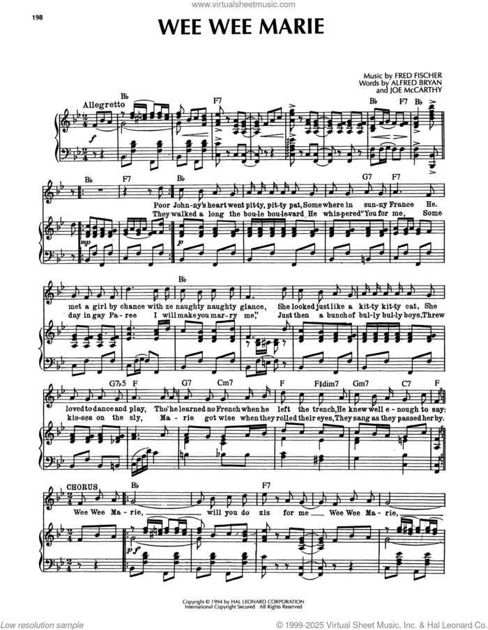 Wee Wee Marie sheet music for voice, piano or guitar by Fred Fisher, Alfred Bryan and Joe McCarthy, intermediate skill level