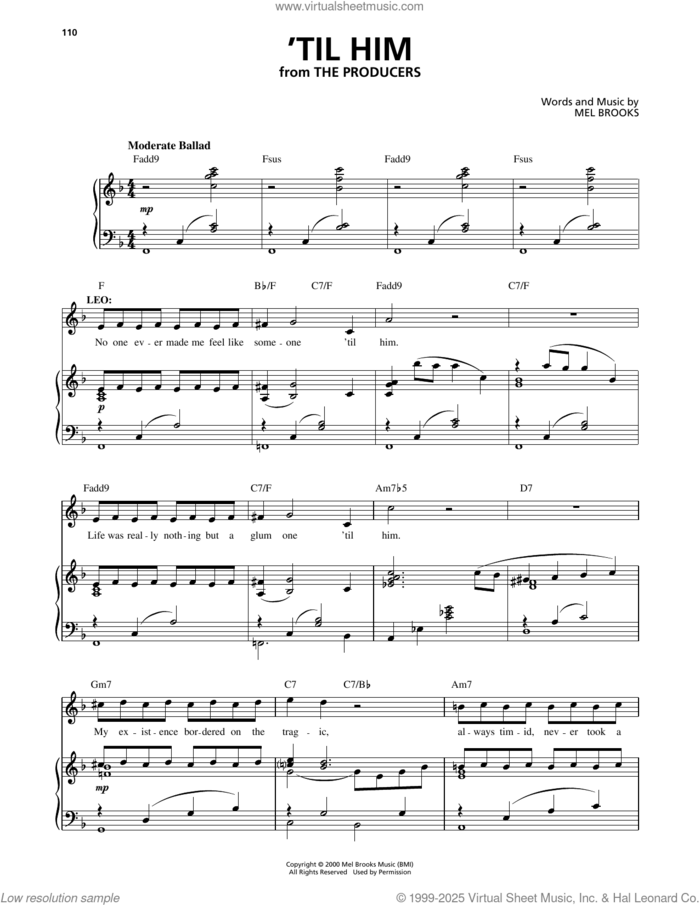 'Til Him (from The Producers) sheet music for voice and piano by Mel Brooks, intermediate skill level