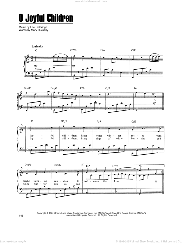 O Joyful Children sheet music for voice, piano or guitar by Lee Elwood Holdridge and Mary Huckaby, intermediate skill level