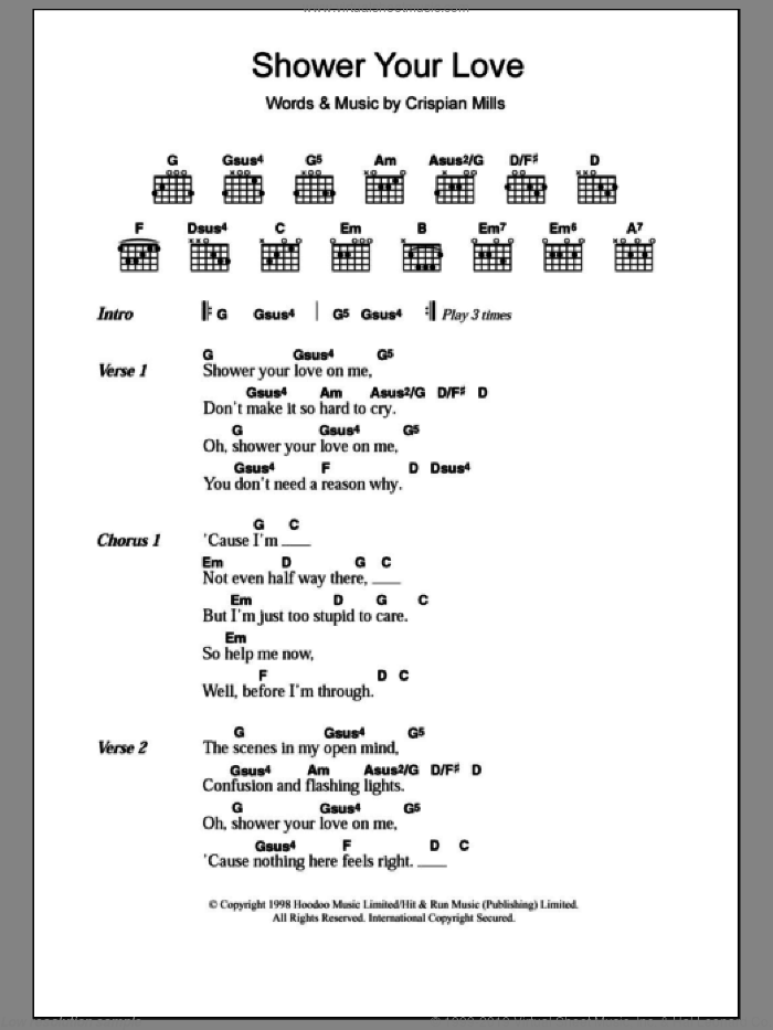 Shower Your Love sheet music for guitar (chords) by Kula Shaker and Crispian Mills, intermediate skill level