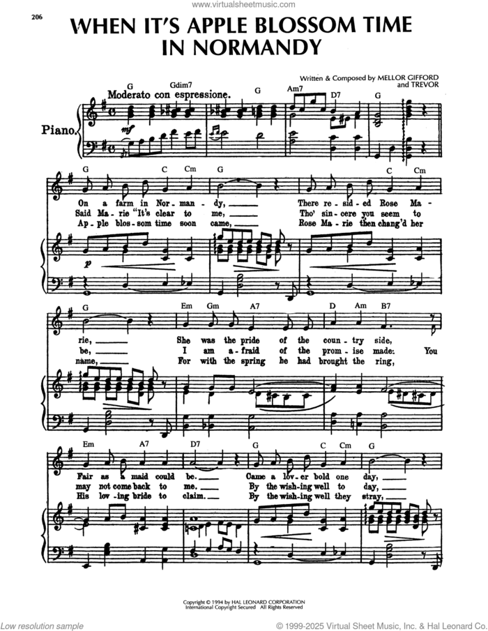 When It's Apple Blossom Time In Normandy sheet music for voice, piano or guitar by Mellor Gifford and Trevor, intermediate skill level
