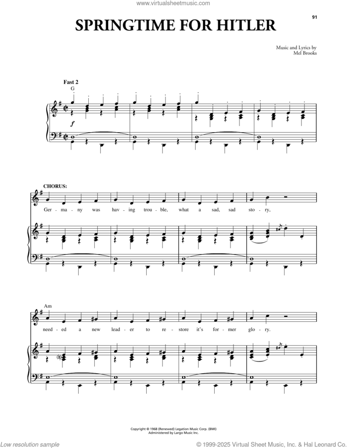 Springtime For Hitler (from The Producers) sheet music for voice and piano by Mel Brooks, intermediate skill level