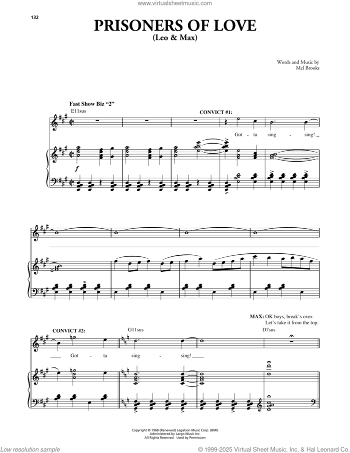 Prisoners Of Love (Leo and Max) (from The Producers) sheet music for voice and piano by Mel Brooks, intermediate skill level