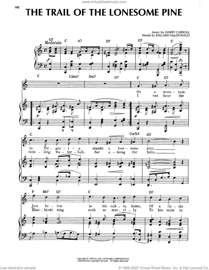The Trail Of The Lonesome Pine sheet music for voice, piano or guitar by Ballard MacDonald and Harry Carroll, intermediate skill level