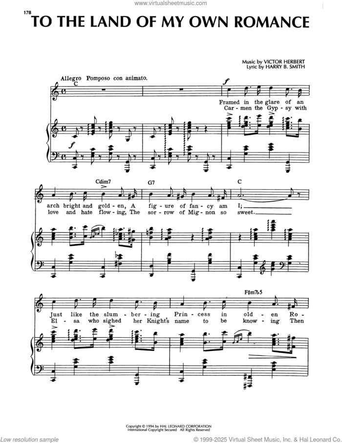To The Land Of My Own Romance sheet music for voice, piano or guitar by Victor Herbert and Harry B. Smith, intermediate skill level