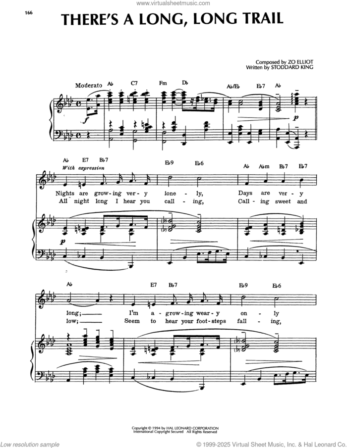 There's A Long, Long Trail sheet music for voice, piano or guitar by Stoddard King and Zo Elliot, intermediate skill level