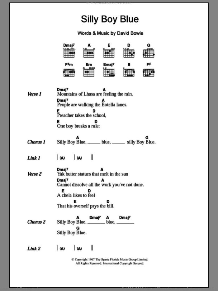 Silly Boy Blue sheet music for guitar (chords) by David Bowie, intermediate skill level