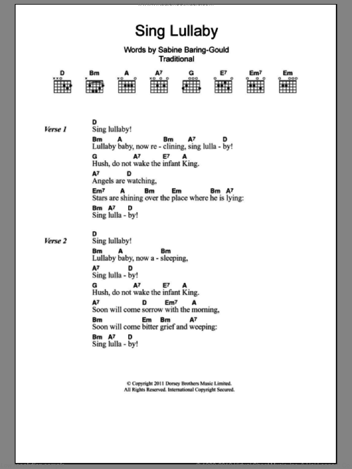 Sing Lullaby sheet music for guitar (chords) by Sabine Baring-Gould and Miscellaneous, intermediate skill level