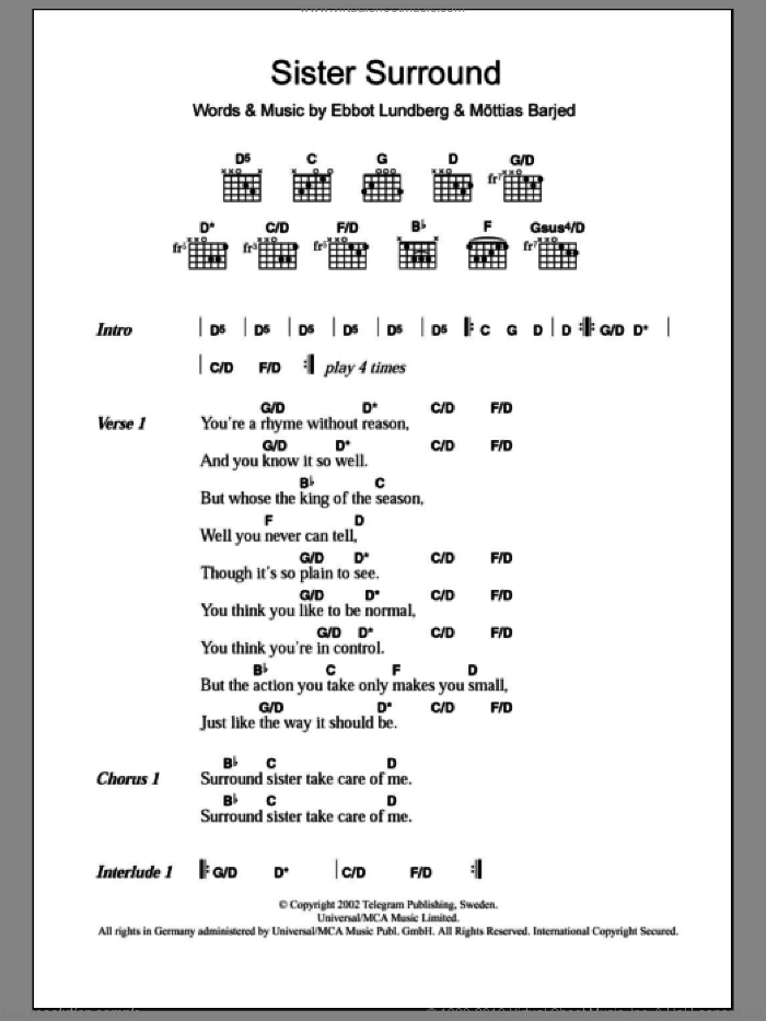 Sister Surround sheet music for guitar (chords) by The Soundtrack Of Our Lives, Ebbot Lundberg and Mattias Barjed, intermediate skill level