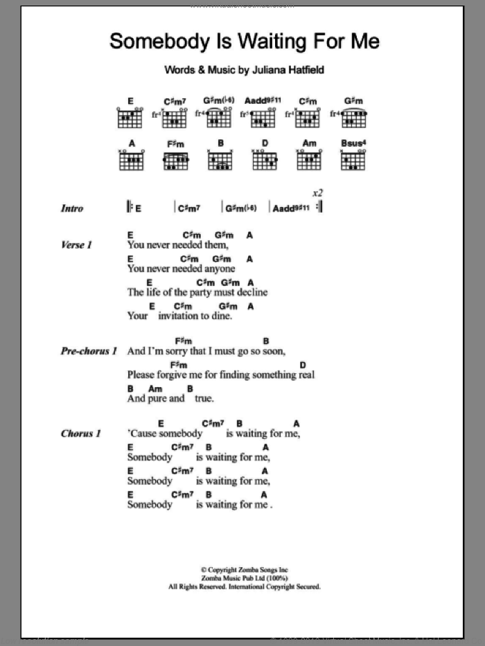 Somebody Is Waiting For Me sheet music for guitar (chords) by Juliana Hatfield, intermediate skill level