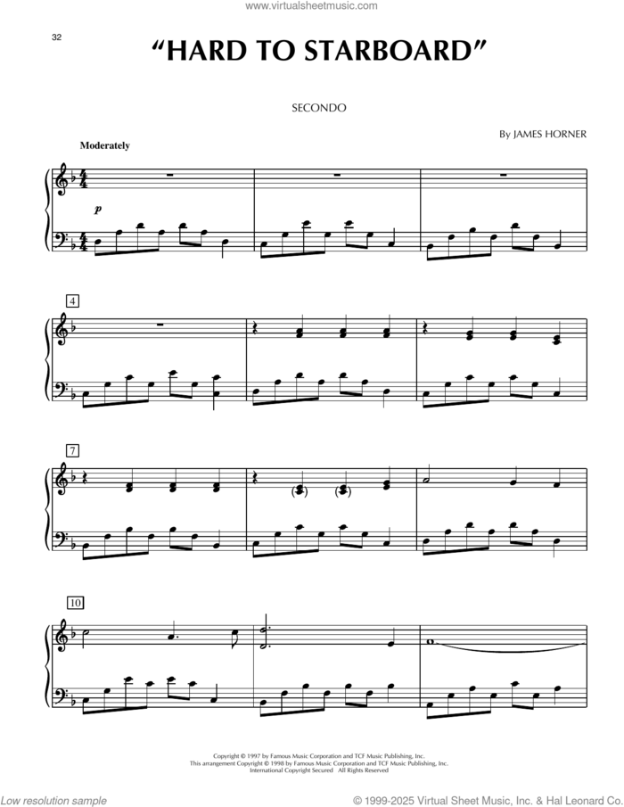 Hard To Starboard (from Titanic) sheet music for piano four hands by James Horner and Phillip Keveren, intermediate skill level