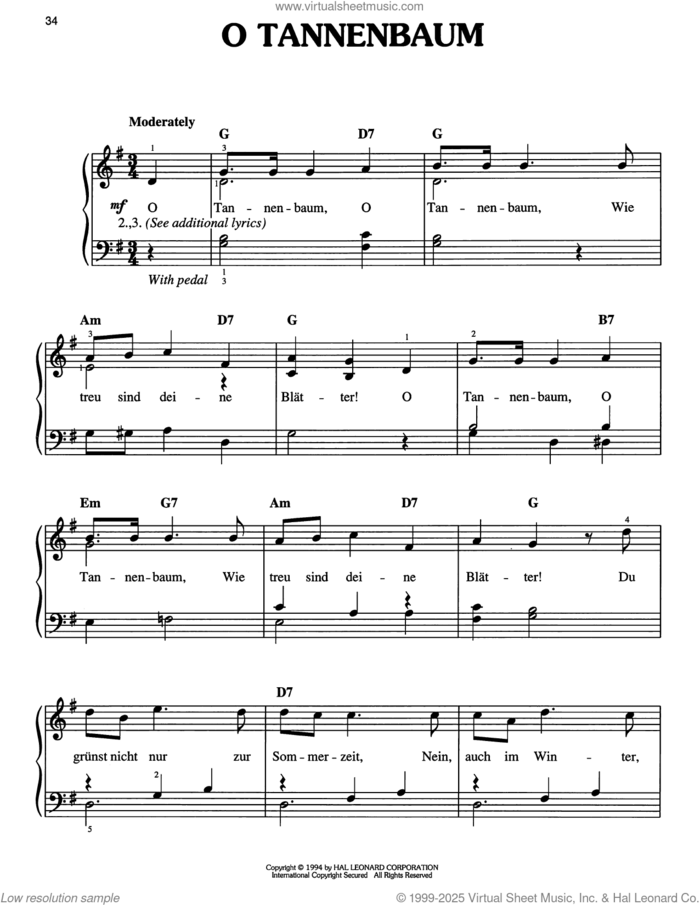 O Tannenbaum sheet music for piano solo, easy skill level