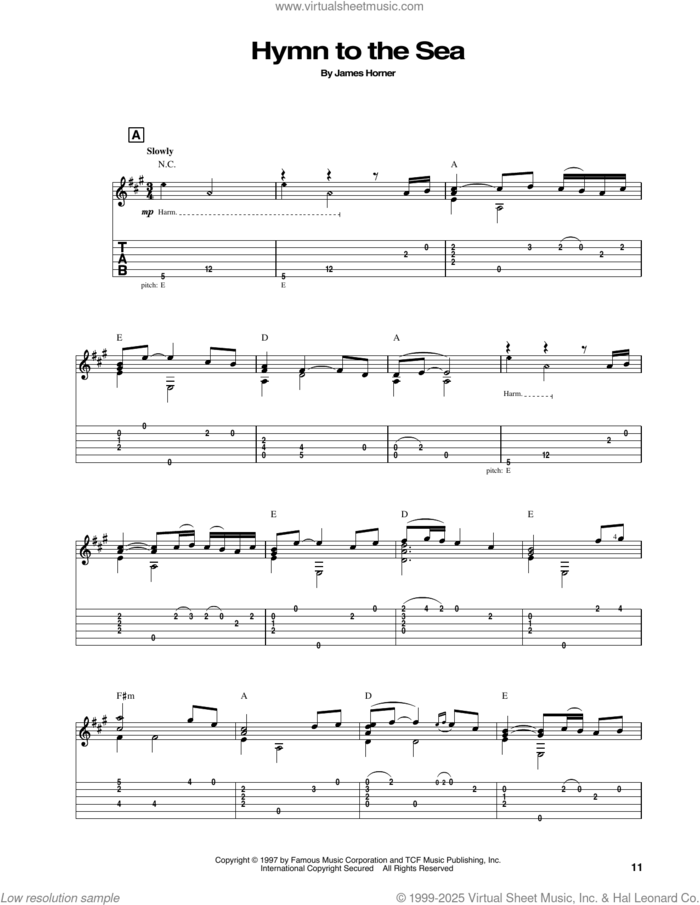 Hymn To The Sea (from Titanic) sheet music for guitar solo by James Horner, intermediate skill level