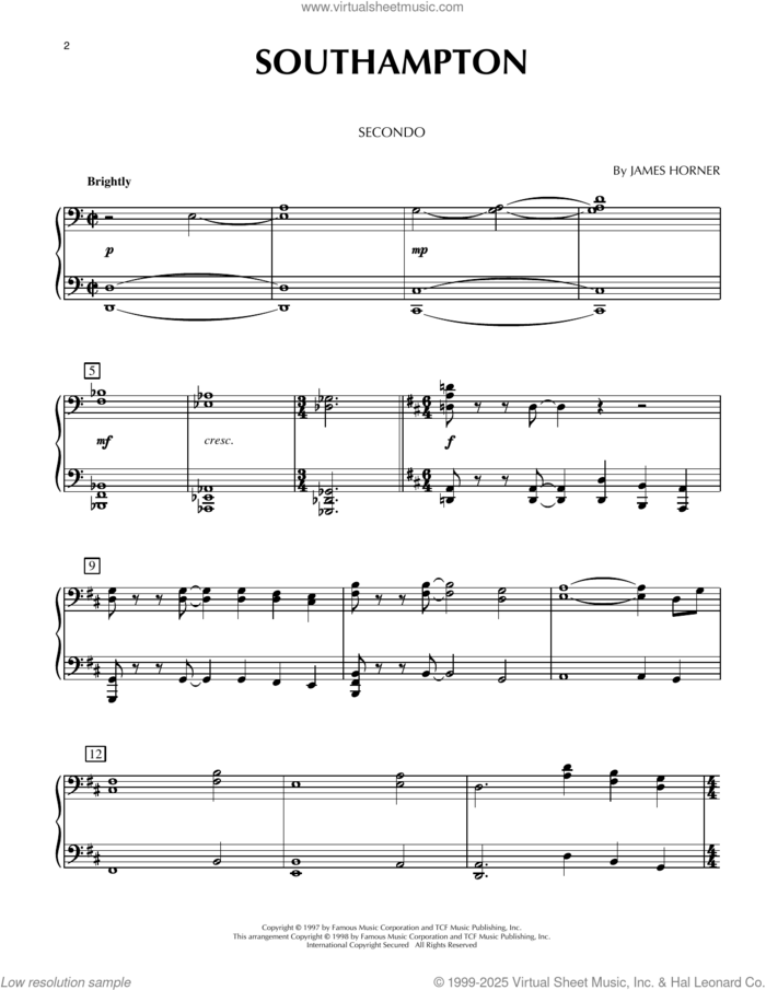 Southampton (from Titanic) sheet music for piano four hands by James Horner and Phillip Keveren, intermediate skill level