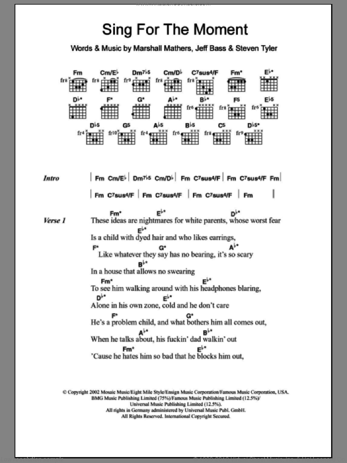 Sing For The Moment sheet music for guitar (chords) by Eminem, Jeff Bass, Marshall Mathers and Steven Tyler, intermediate skill level