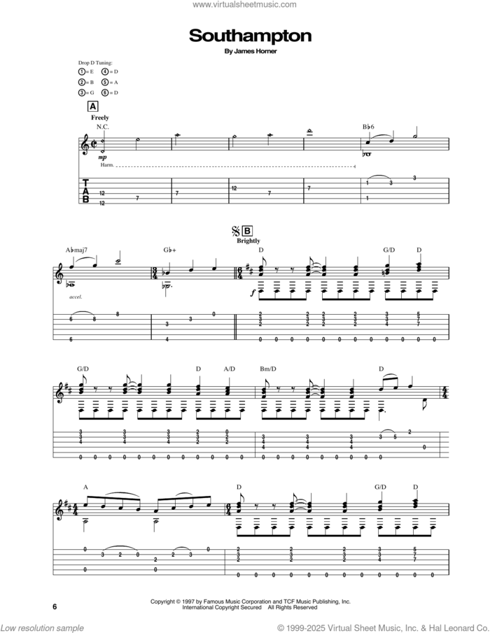 Southampton (from Titanic) sheet music for guitar solo by James Horner, intermediate skill level