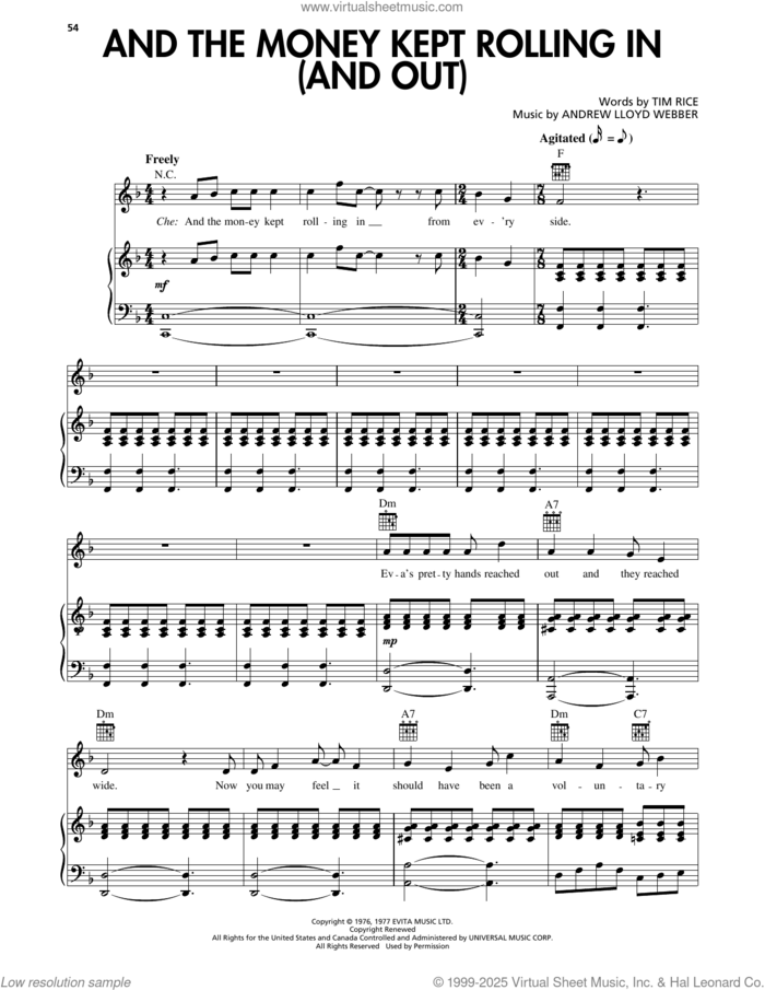 And The Money Kept Rolling In (And Out) (from Evita) sheet music for voice, piano or guitar by Andrew Lloyd Webber and Tim Rice, intermediate skill level