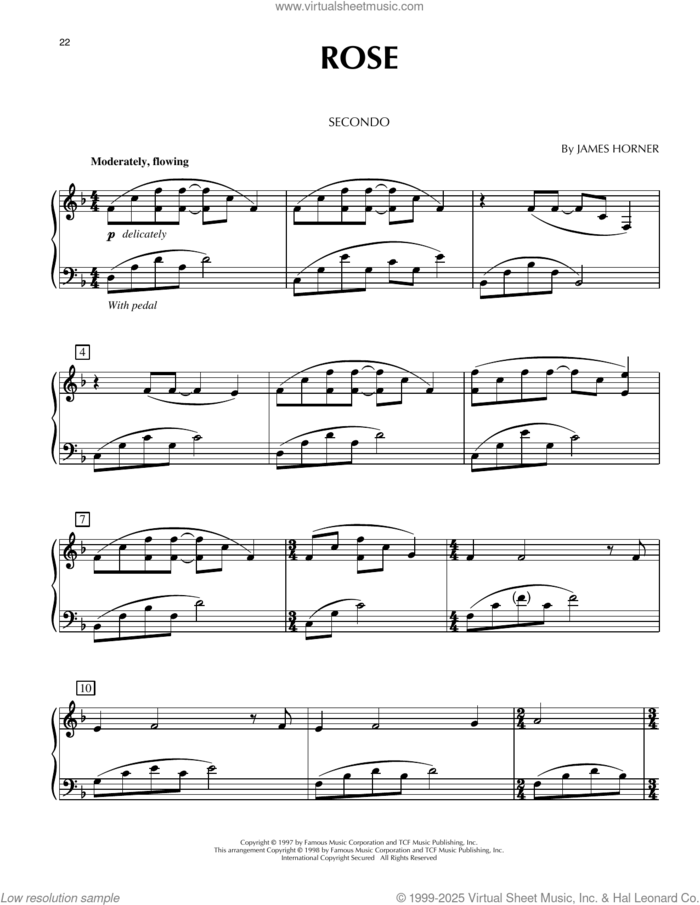 Rose (from Titanic) sheet music for piano four hands by James Horner and Phillip Keveren, intermediate skill level