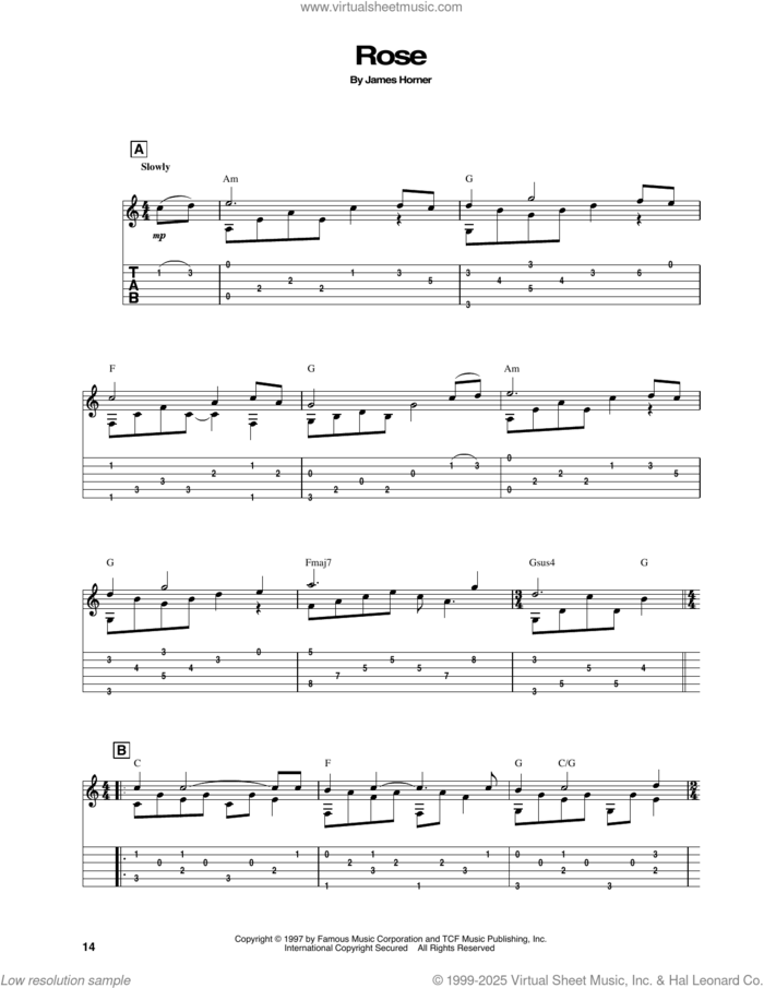 Rose (from Titanic) sheet music for guitar solo by James Horner, intermediate skill level