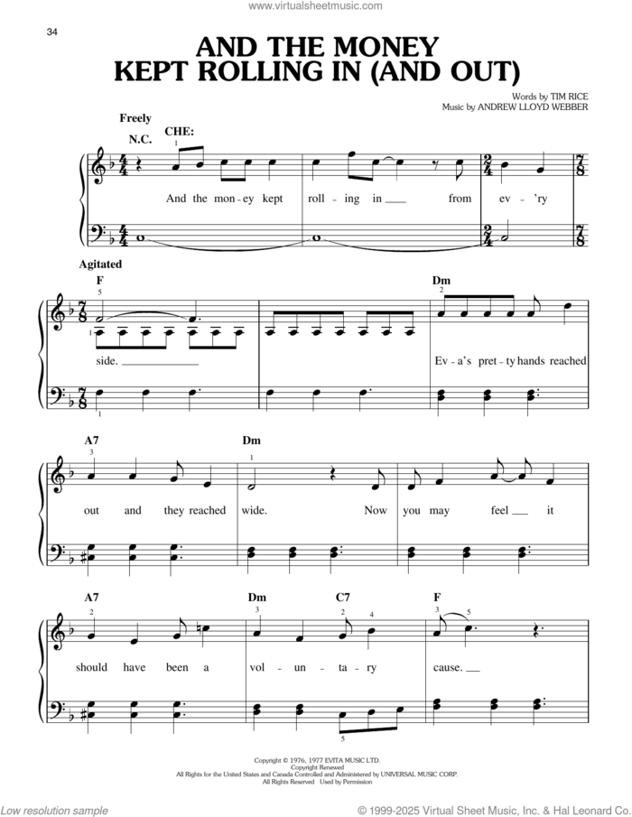 And The Money Kept Rolling In (And Out) (from Evita) sheet music for piano solo by Andrew Lloyd Webber and Tim Rice, easy skill level