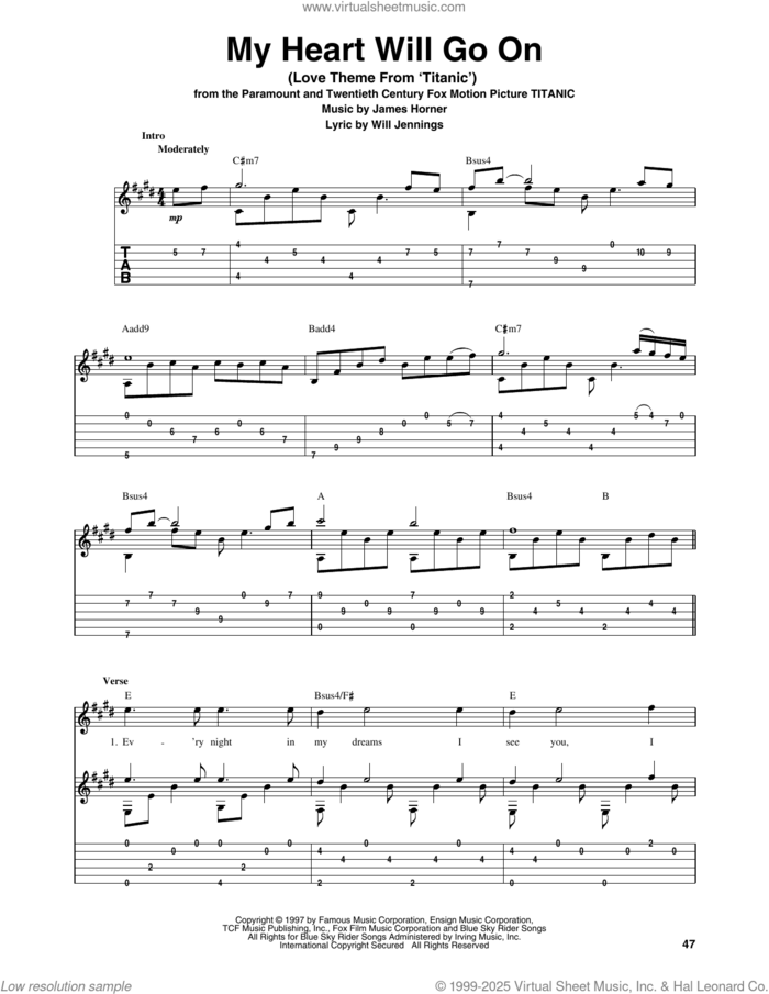 My Heart Will Go On (Love Theme from Titanic), (intermediate) sheet music for guitar solo by Celine Dion, James Horner and Will Jennings, intermediate skill level