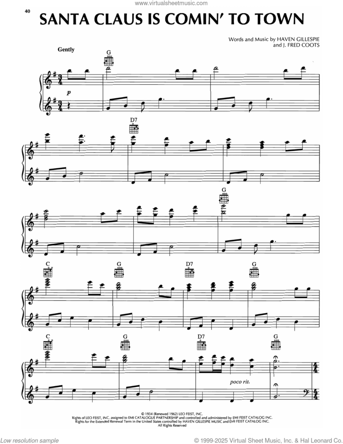 Santa Claus Is Comin' To Town sheet music for voice, piano or guitar by Mariah Carey, Haven Gillespie and J. Fred Coots, intermediate skill level