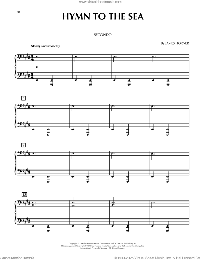Hymn To The Sea (from Titanic) sheet music for piano four hands by James Horner and Phillip Keveren, intermediate skill level