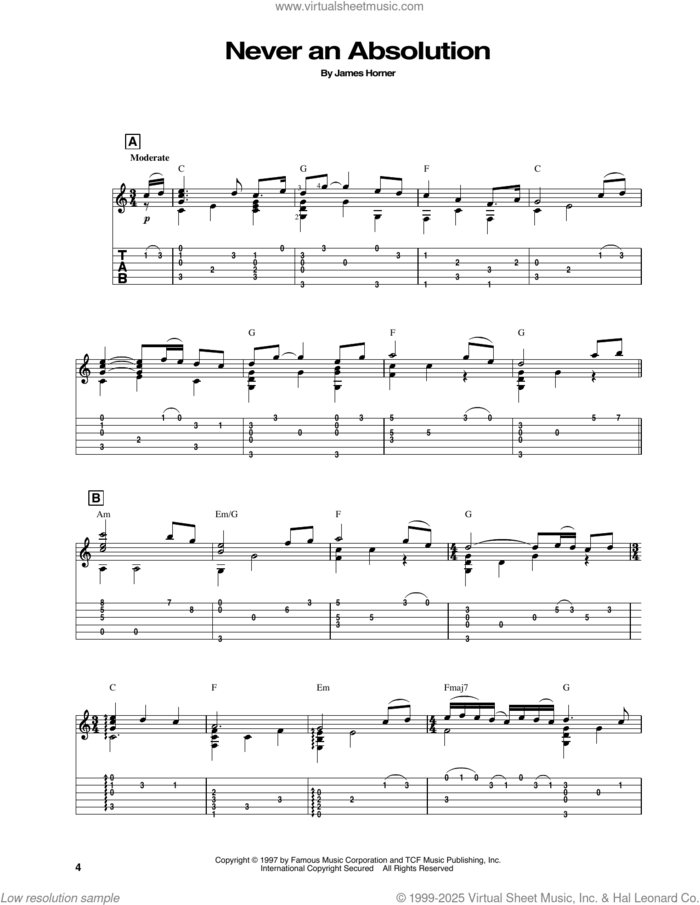Never An Absolution (from Titanic) sheet music for guitar solo by James Horner, intermediate skill level