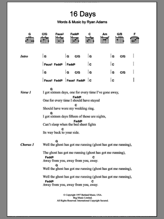 16 Days sheet music for guitar (chords) by Ryan Adams and Whiskeytown, intermediate skill level