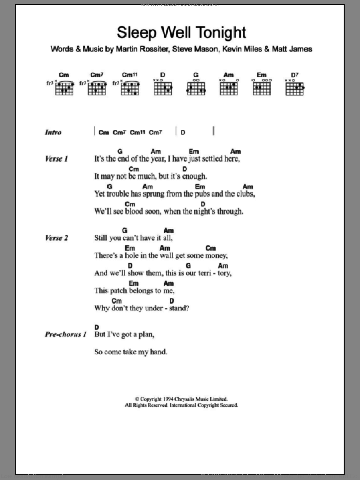 Sleep Well Tonight sheet music for guitar (chords) by Gene, Kevin Miles, Martin Rossiter, Matt James and Steve Mason, intermediate skill level