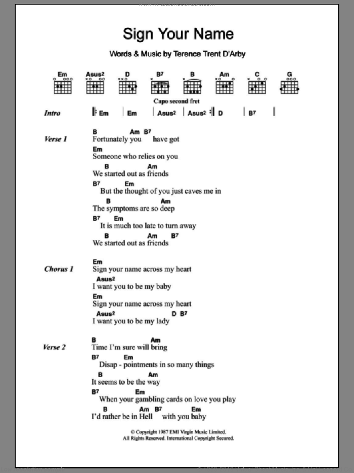 Sign Your Name sheet music for guitar (chords) by Terence Trent D'Arby, intermediate skill level