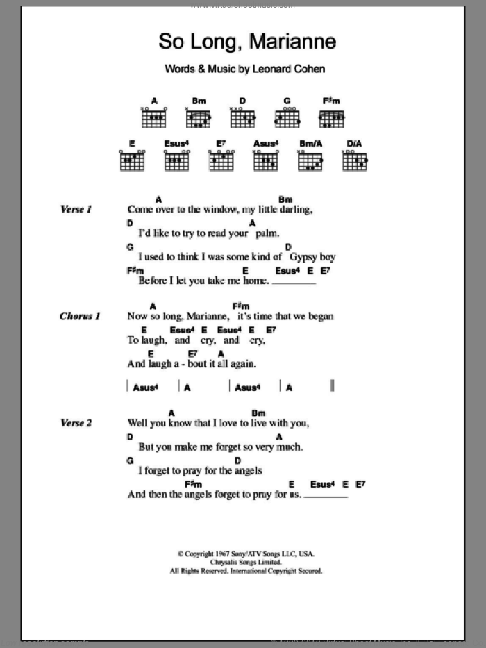 So Long, Marianne sheet music for guitar (chords) by Leonard Cohen, intermediate skill level