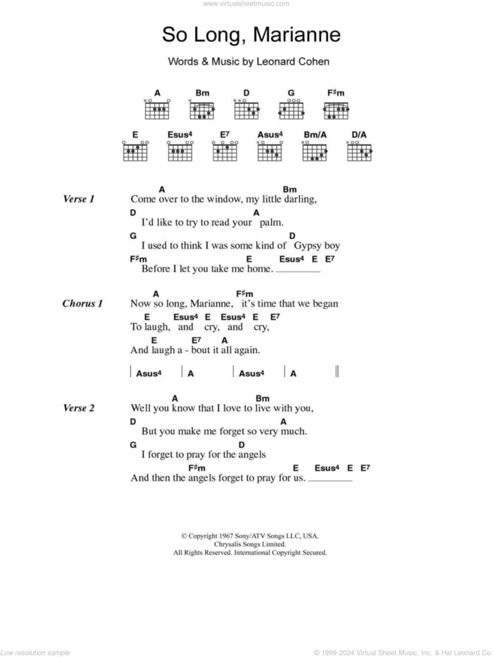 So Long, Marianne sheet music for guitar (chords) by Leonard Cohen, intermediate skill level