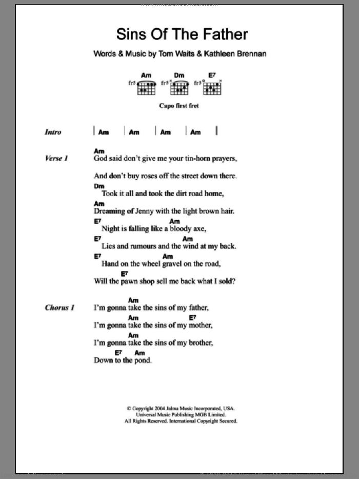 Sins Of The Father sheet music for guitar (chords) by Tom Waits and Kathleen Brennan, intermediate skill level