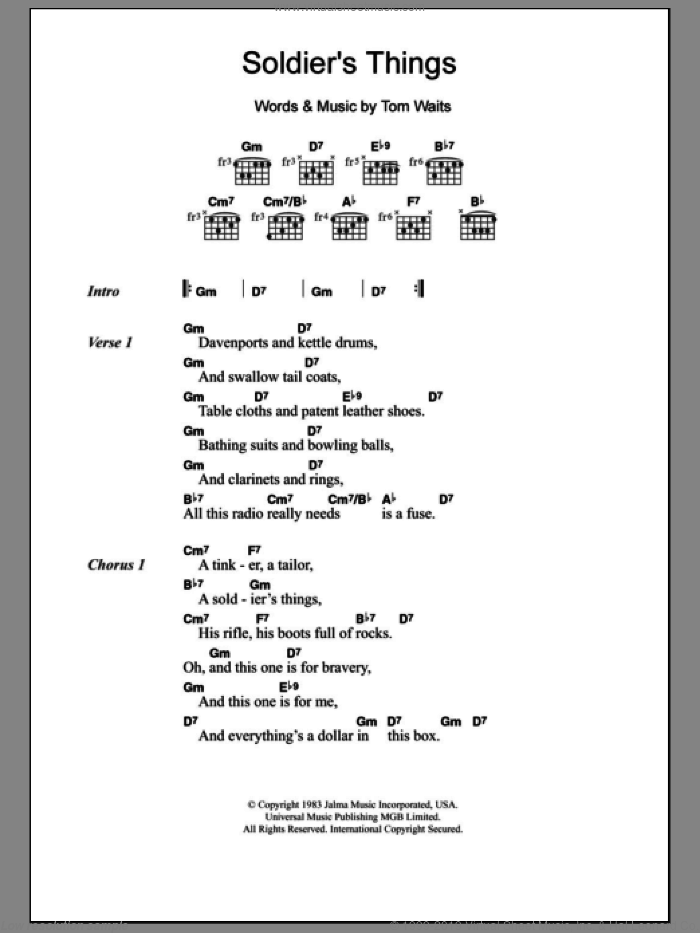 Soldier's Things sheet music for guitar (chords) by Tom Waits, intermediate skill level
