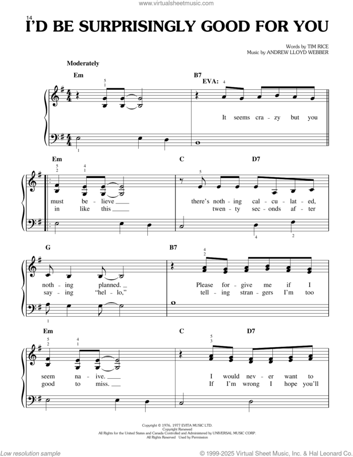 I'd Be Surprisingly Good For You (from Evita) sheet music for piano solo by Andrew Lloyd Webber and Tim Rice, easy skill level