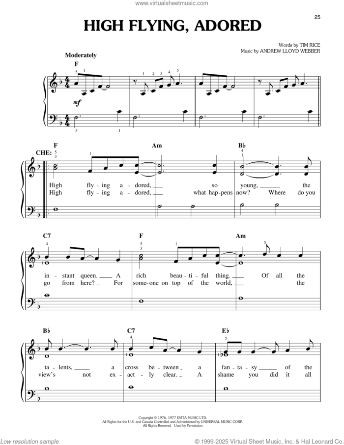 High Flying, Adored (from Evita) sheet music for piano solo by Andrew Lloyd Webber and Tim Rice, easy skill level