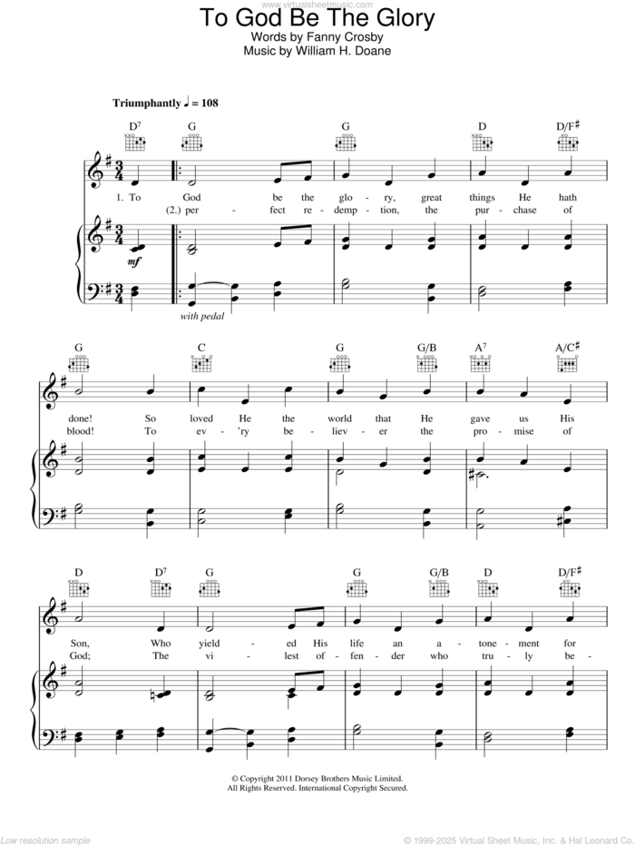 To God Be The Glory sheet music for voice, piano or guitar by Fanny J. Crosby and William H. Doane, intermediate skill level