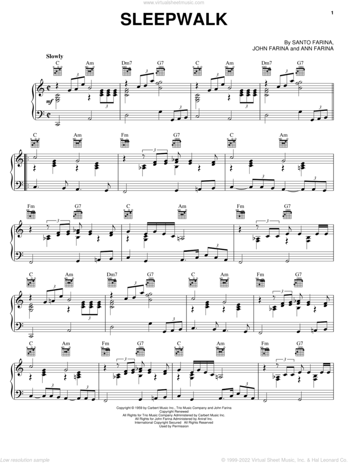 Sleepwalk, (intermediate) sheet music for piano solo by Santo & Johnny, Ann Farina, John Farina and Santo Farina, intermediate skill level