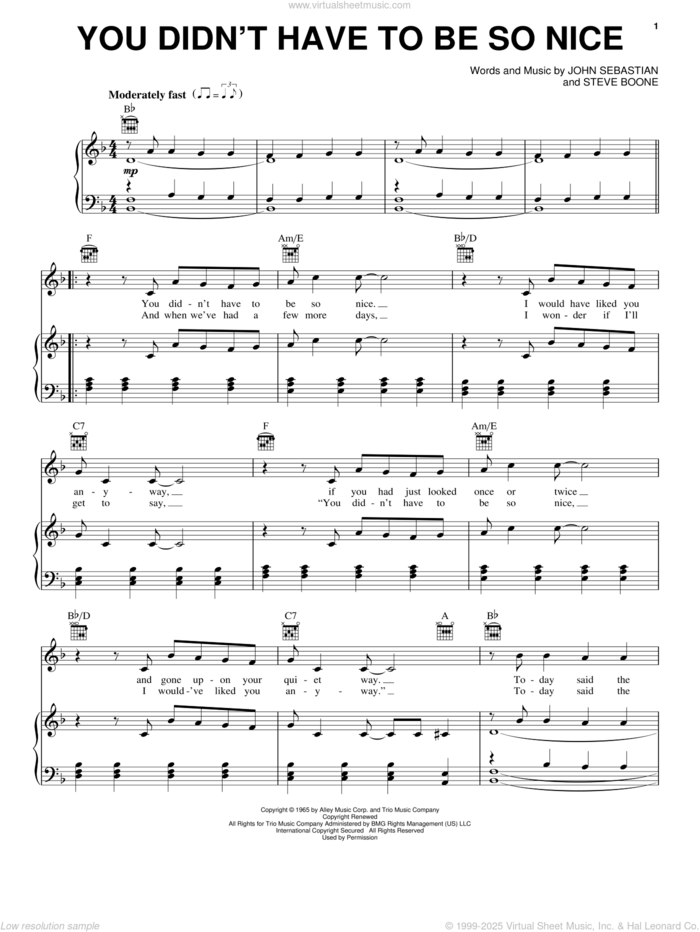 You Didn't Have To Be So Nice sheet music for voice, piano or guitar by The Lovin' Spoonful, Amy Grant, John Sebastian and Steve Boone, intermediate skill level