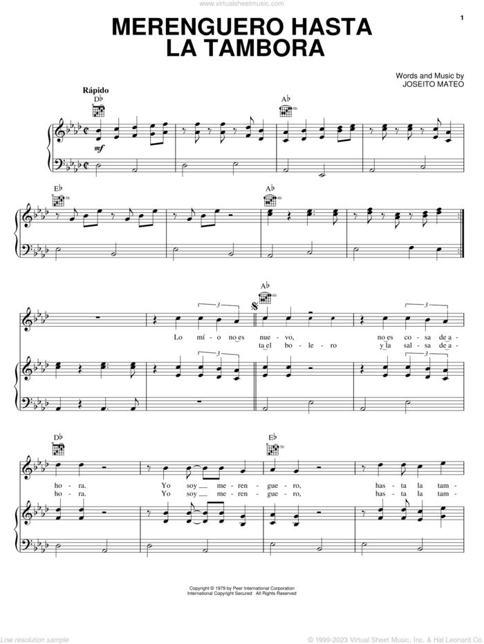 Merenguero Hasta La Tambora sheet music for voice, piano or guitar by Johnny Ventura and Joseito Mateo, intermediate skill level