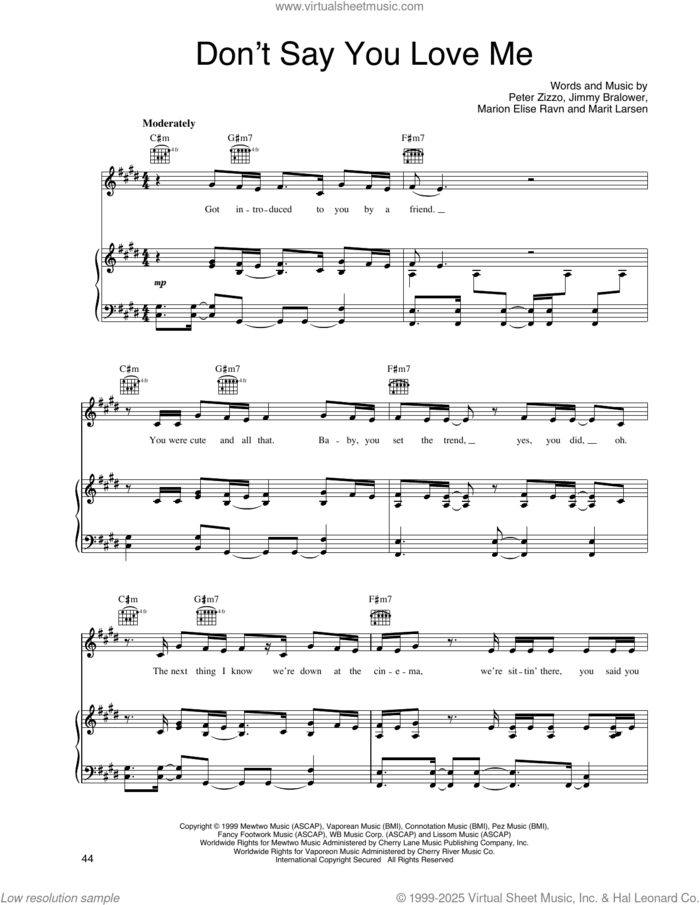 Don't Say You Love Me sheet music for voice, piano or guitar by M2M, Jimmy Bralower, Marion Elise Ravn, Marit Larsen and Peter Zizzo, intermediate skill level