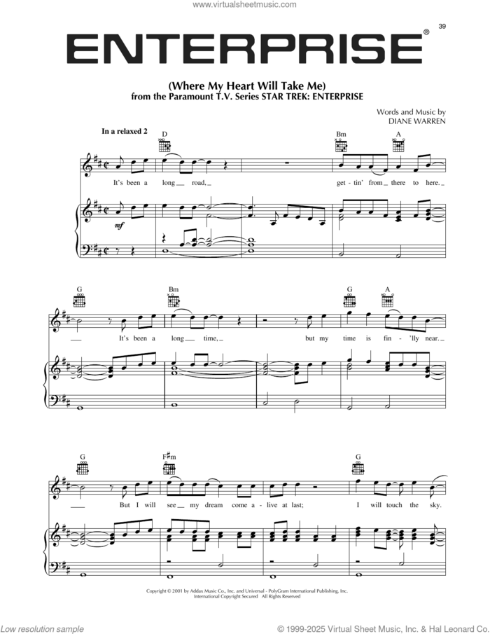 Where My Heart Will Take Me (Theme from Star Trek: Enterprise) sheet music for piano solo by Diane Warren, intermediate skill level