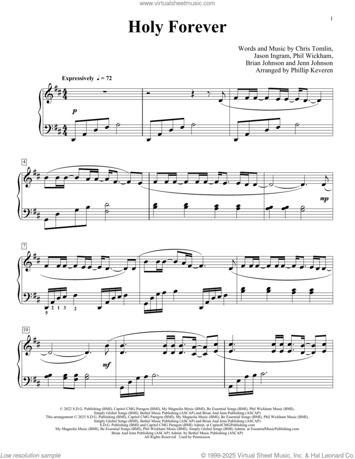 Holy Forever (arr. Phillip Keveren) sheet music for piano solo by Chris Tomlin, Phillip Keveren, Brian Johnson, Jason Ingram, Jenn Johnson and Phil Wickham, intermediate skill level