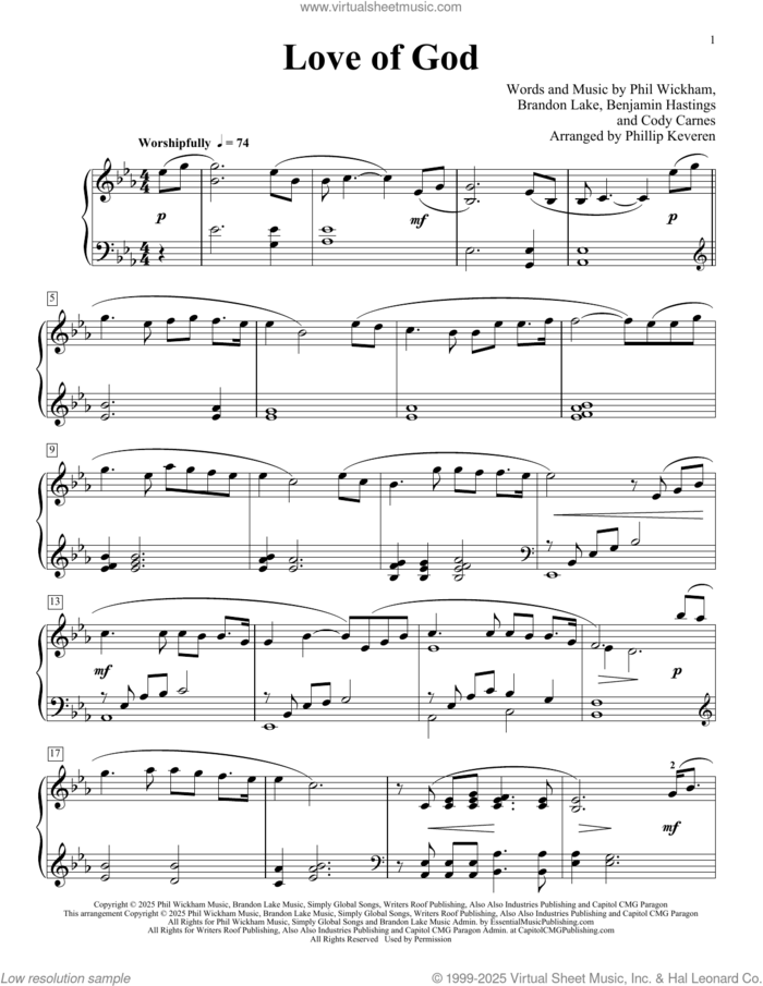 Love Of God (arr. Phillip Keveren) sheet music for piano solo by Phil Wickham, Phillip Keveren, Benjamin Hastings, Brandon Lake and Cody Carnes, intermediate skill level