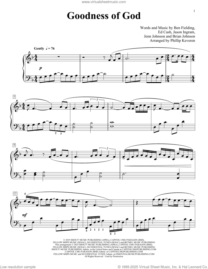 Goodness of God (arr. Phillip Keveren) sheet music for piano solo by Bethel Music and Jenn Johnson, Phillip Keveren, Ben Fielding, Brian Johnson, Ed Cash, Jason Ingram and Jenn Johnson, intermediate skill level